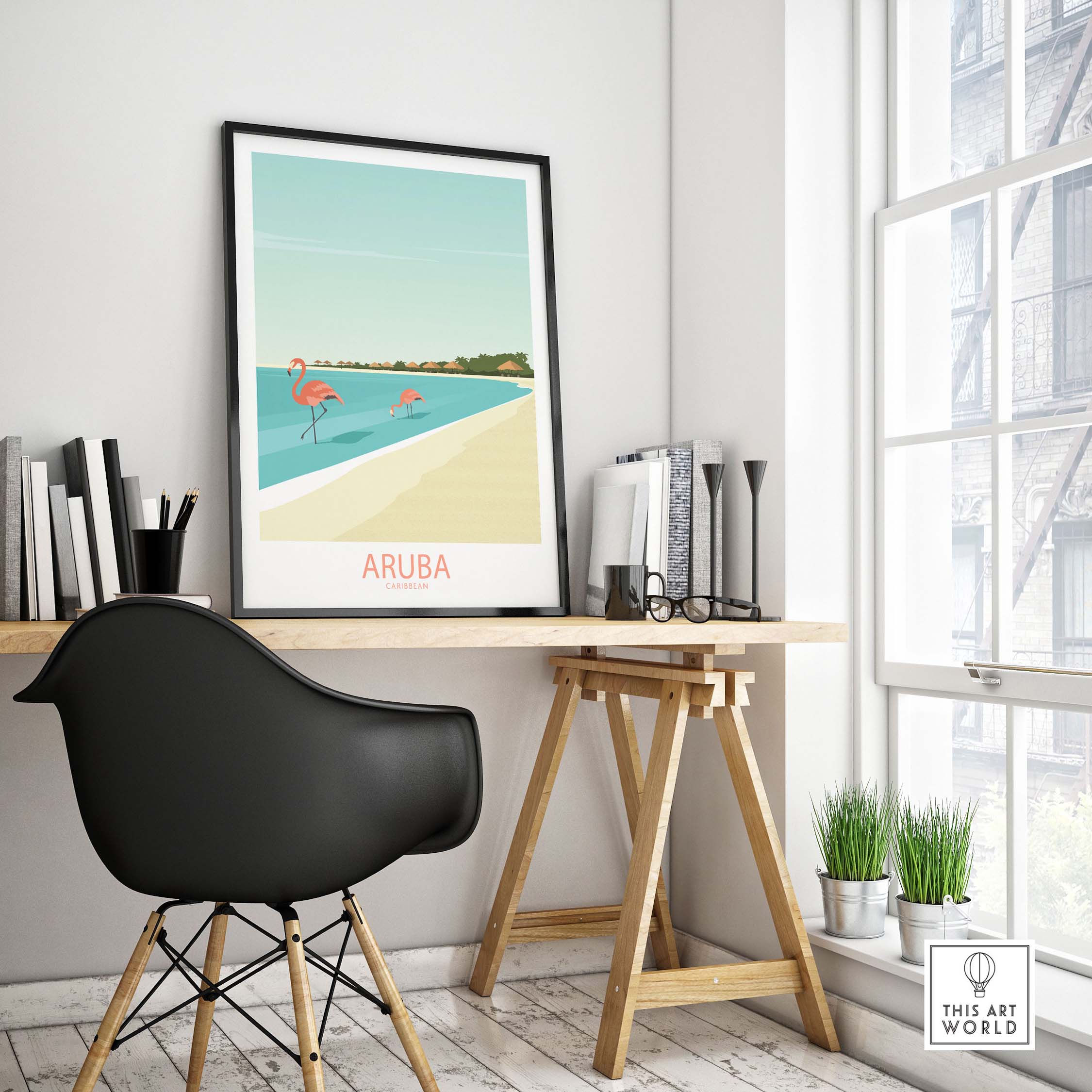Aruba Caribbean poster featuring flamingos on the beach, styled in a minimalist office decor.