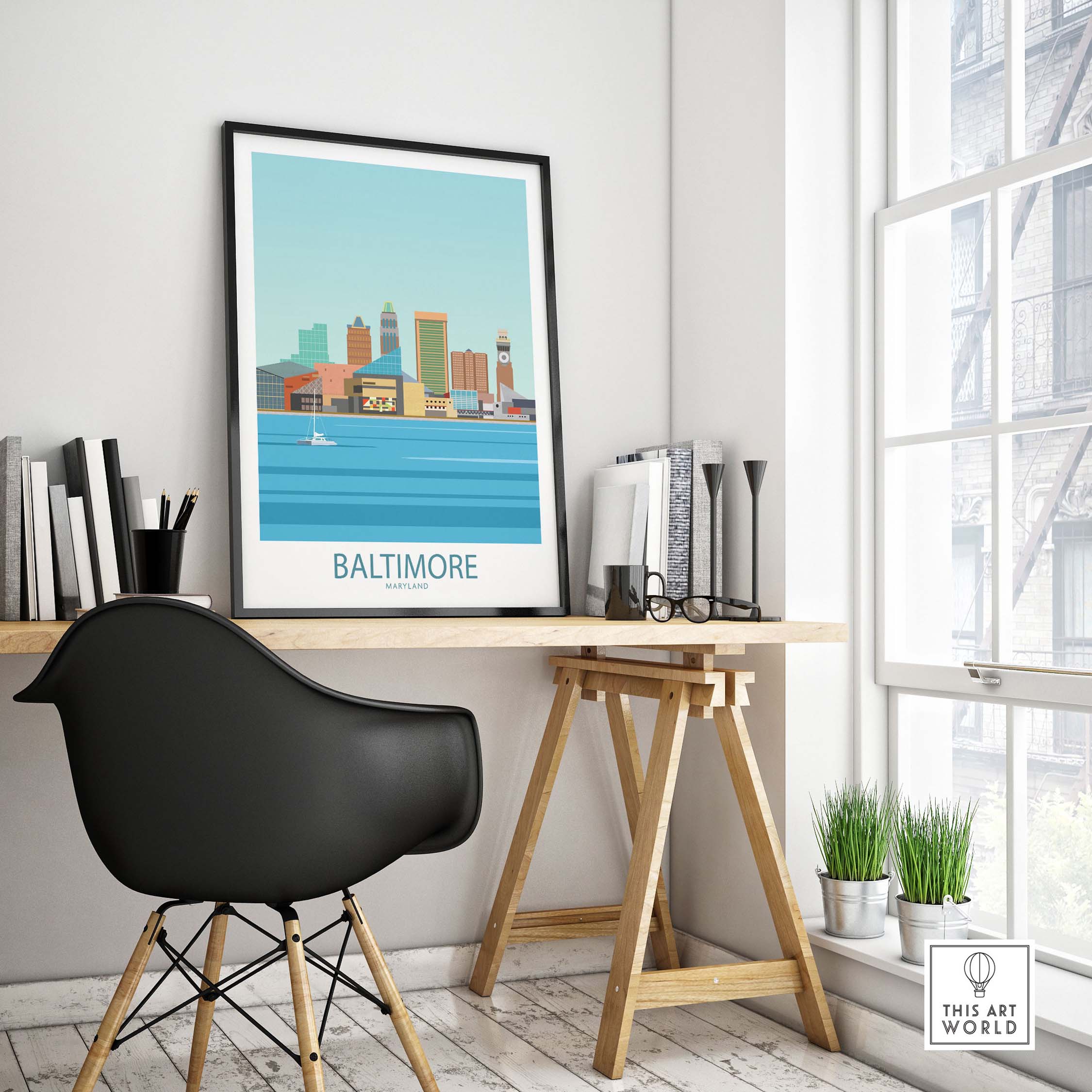 Baltimore poster in a stylish home office setting, showcasing minimalist vintage travel art from Maryland.