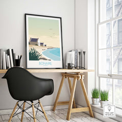 Bonaire Wall Art Print in a minimalist office setting, framed art poster showcasing coastal scenery.