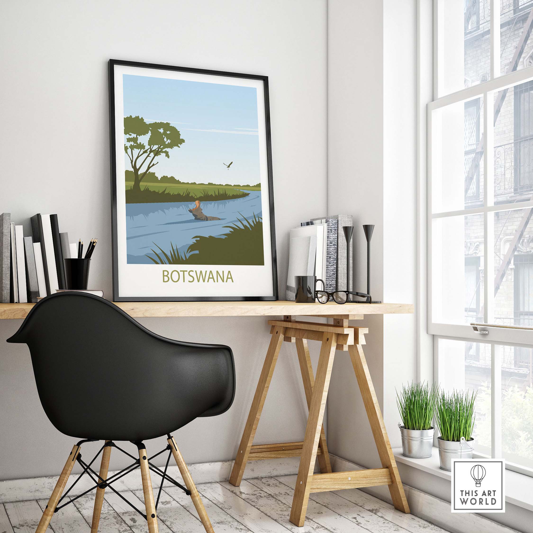 Botswana Travel Poster featuring scenic landscapes, perfect for home decor and travel inspiration.