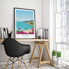 Cannes Print France artwork in a stylish office space, showcasing minimalist vintage travel poster design.