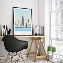 Chicago Skyline Print displayed in a modern workspace, featuring vintage travel poster design and stylish decor elements.