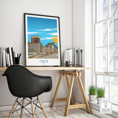 Crete wall art print framed on a desk in a modern office setting, capturing Greece's beauty and nostalgia.