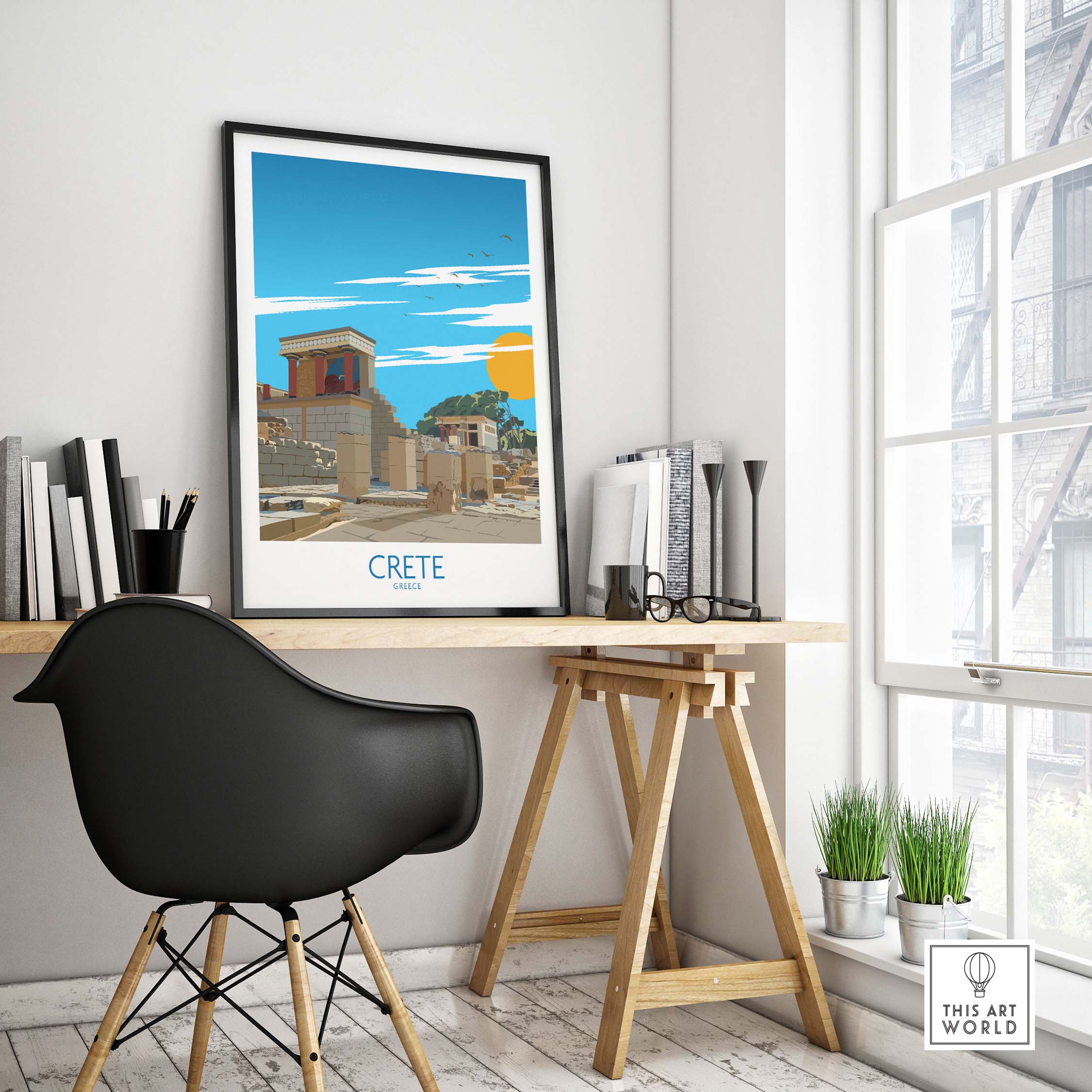 Crete wall art print framed on a desk in a modern office setting, capturing Greece's beauty and nostalgia.