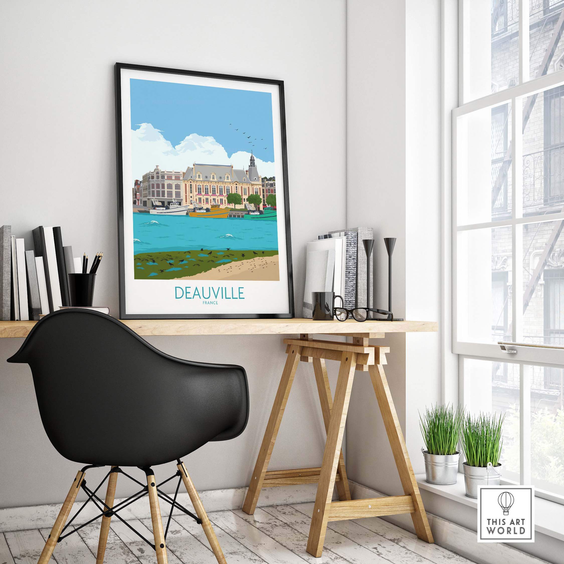 Deauville Travel Poster Print in minimalist decor, featuring coastal scenery and vintage style for stylish wall art.