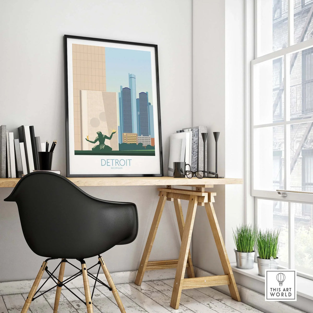 Detroit wall art print displayed in a minimalist office setting with a stylish chair and modern decor.