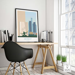 Detroit wall art print displayed in a minimalist office setting with a stylish chair and modern decor.