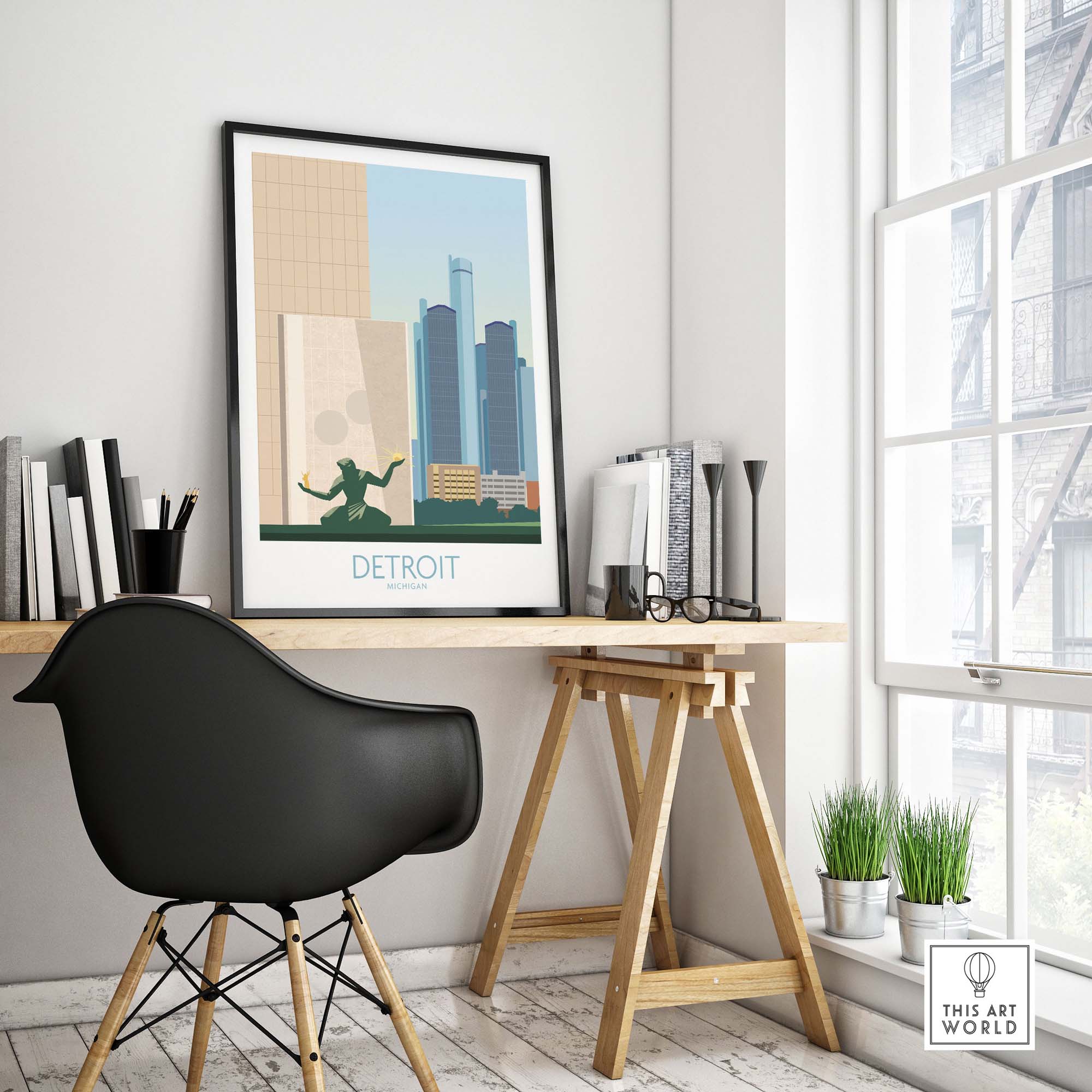 Detroit wall art print displayed in a minimalist office setting with a stylish chair and modern decor.