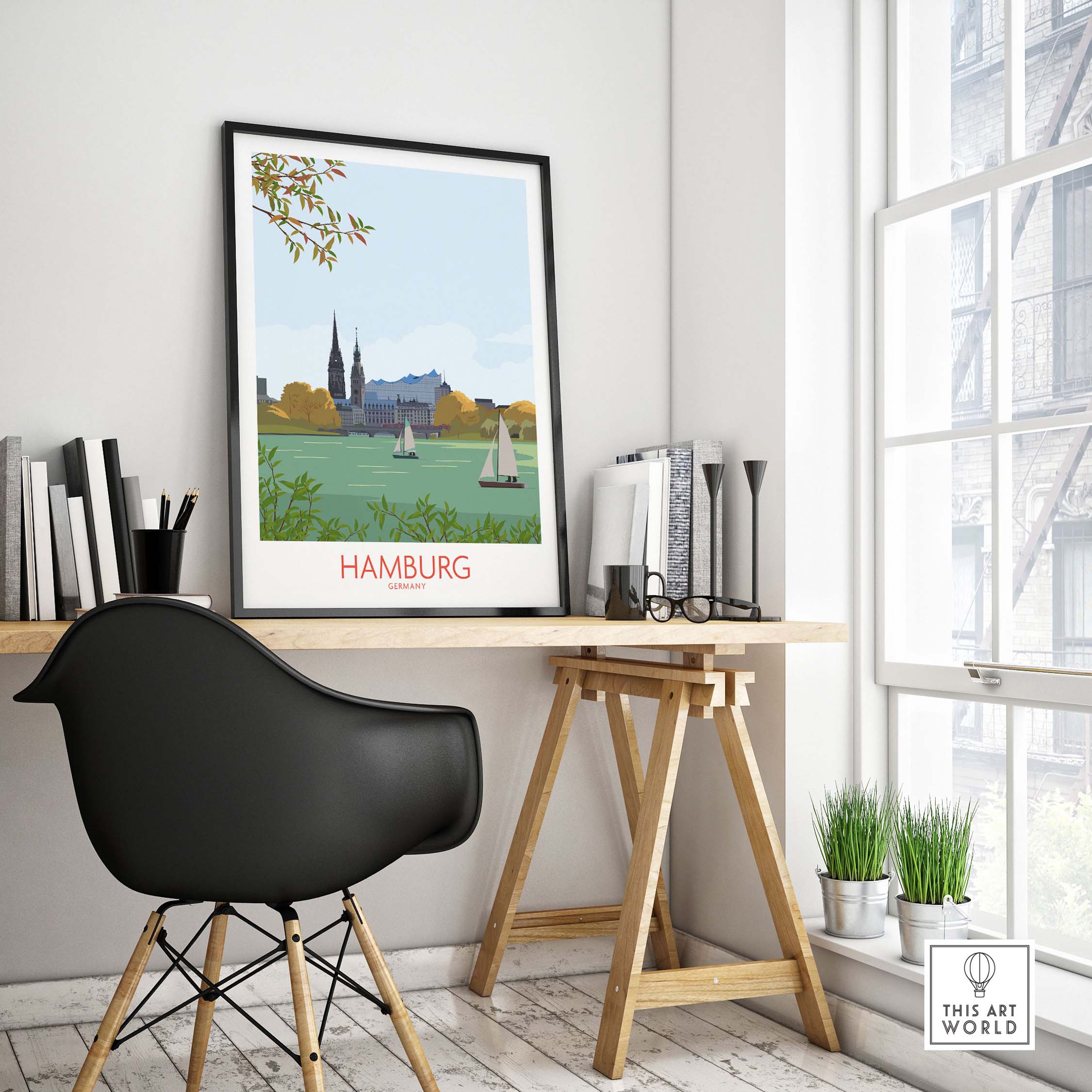 Hamburg Germany wall art print framed in a minimalist office setting with a stylish black chair and desk.