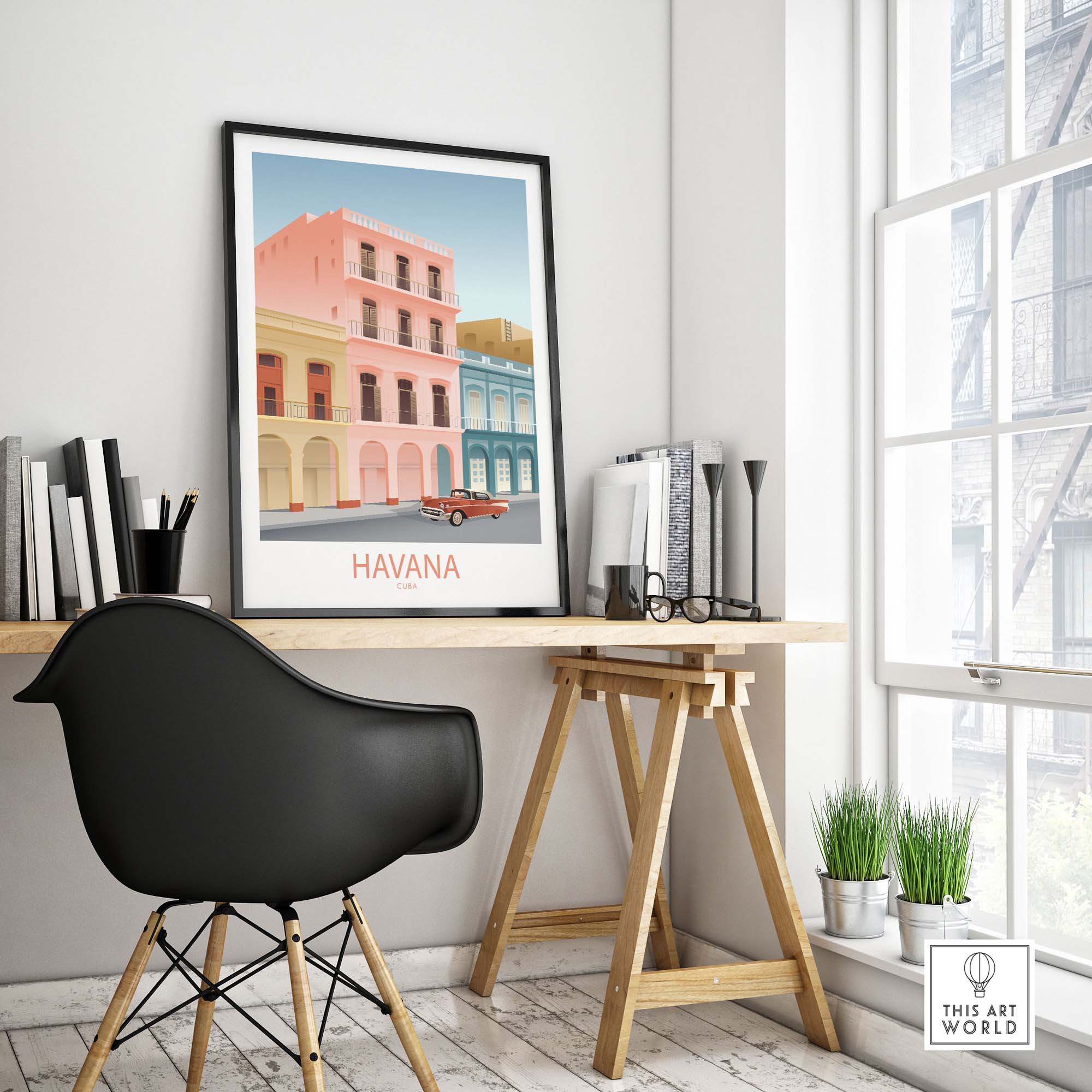 Havana Cuba wall art print displayed in a stylish office interior, featuring vibrant vintage architecture.