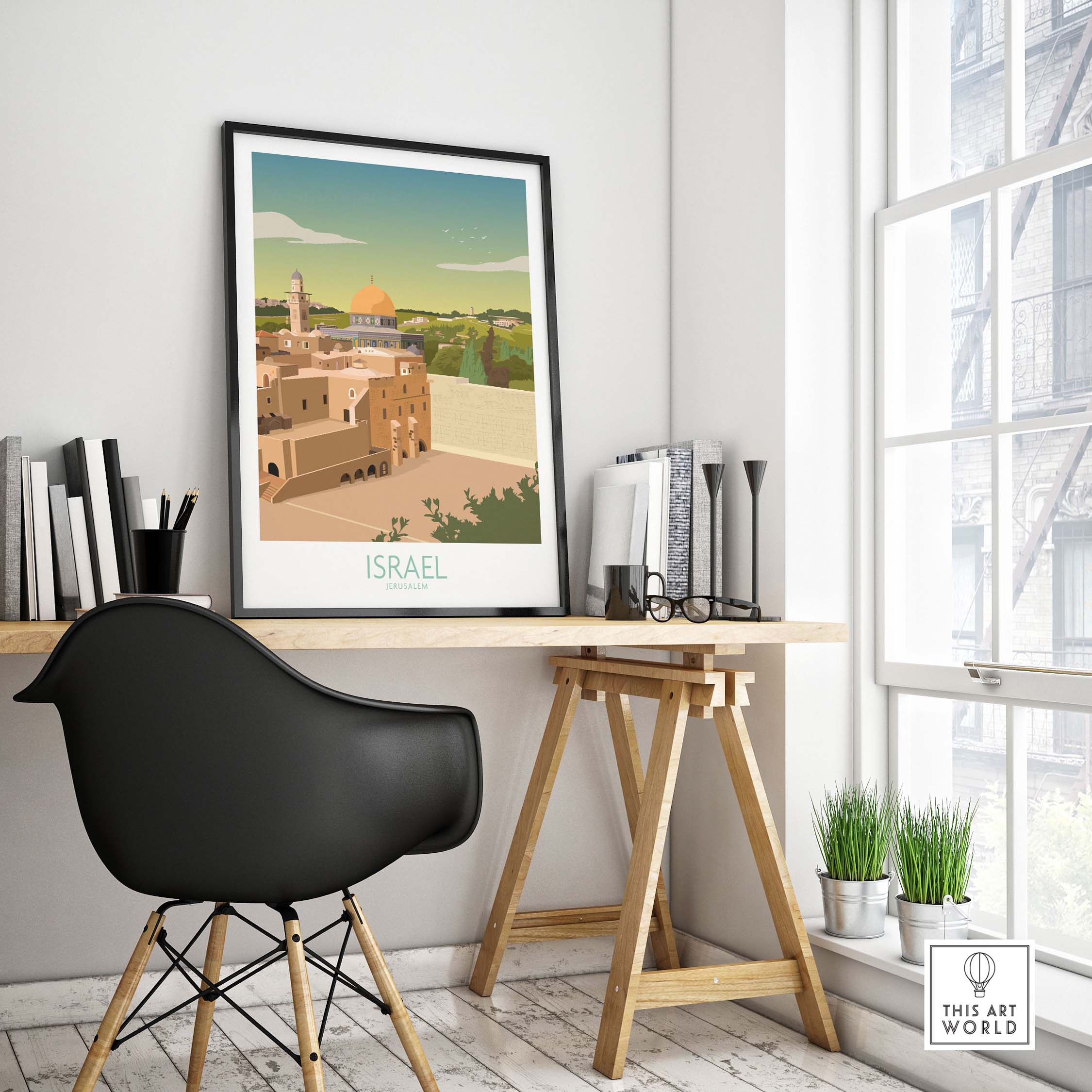 Israel wall art print in minimalist decor, showcasing a vintage travel poster of Israel's landscape.