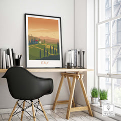 Minimalist Italy wall art print on a stylish desk, showcasing a vintage travel poster design.