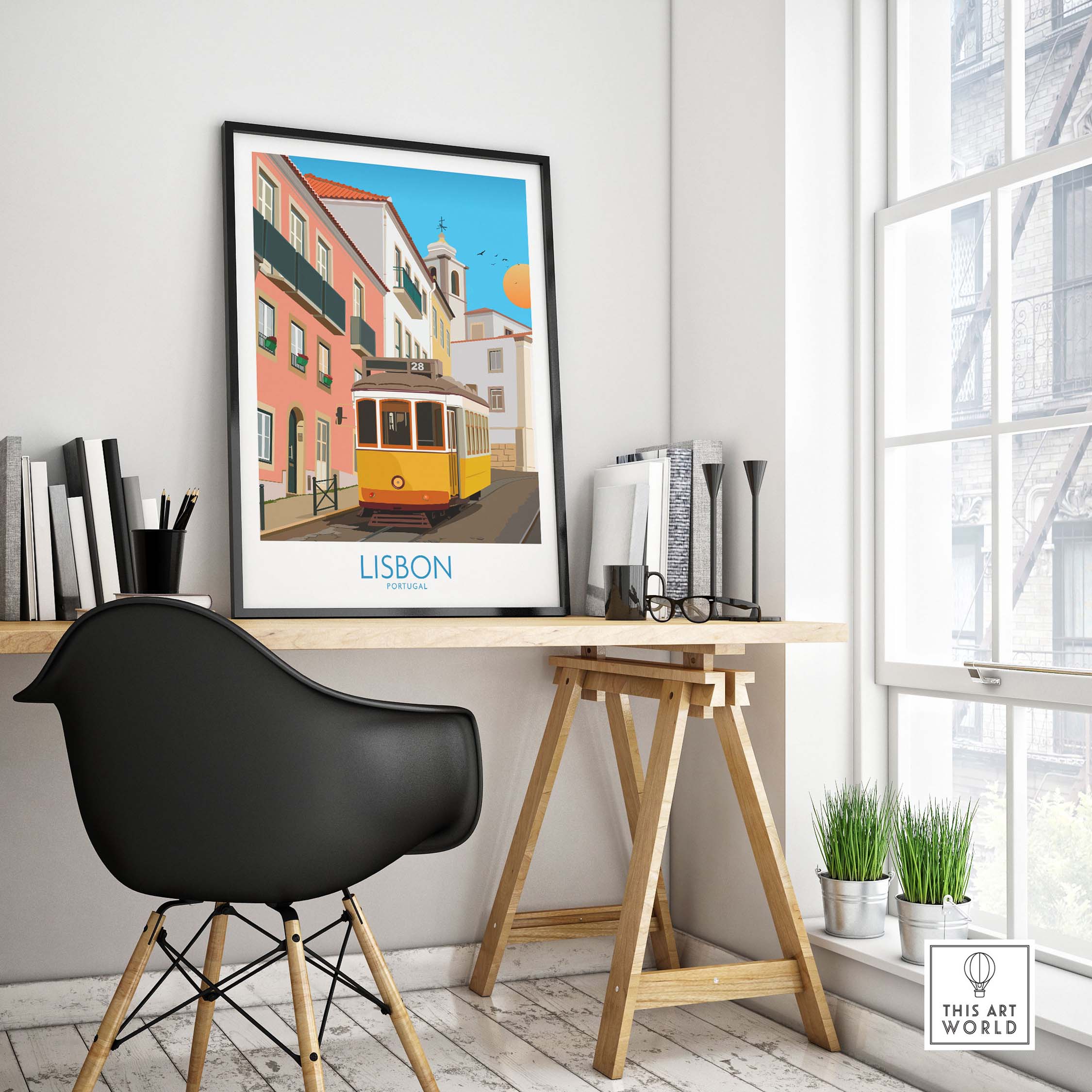 Lisbon wall art print featuring a vintage tram in a bright minimalist style, perfect for home or office decor.