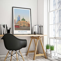 Melbourne Poster displayed in a modern office setting, inspiring wanderlust with minimalist vintage art style.