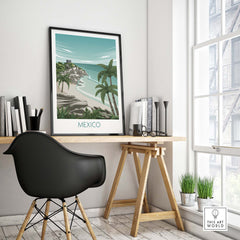 Mexico Wall Art Print in a minimalist office setting, showcasing vibrant travel nostalgia and stylish decor.