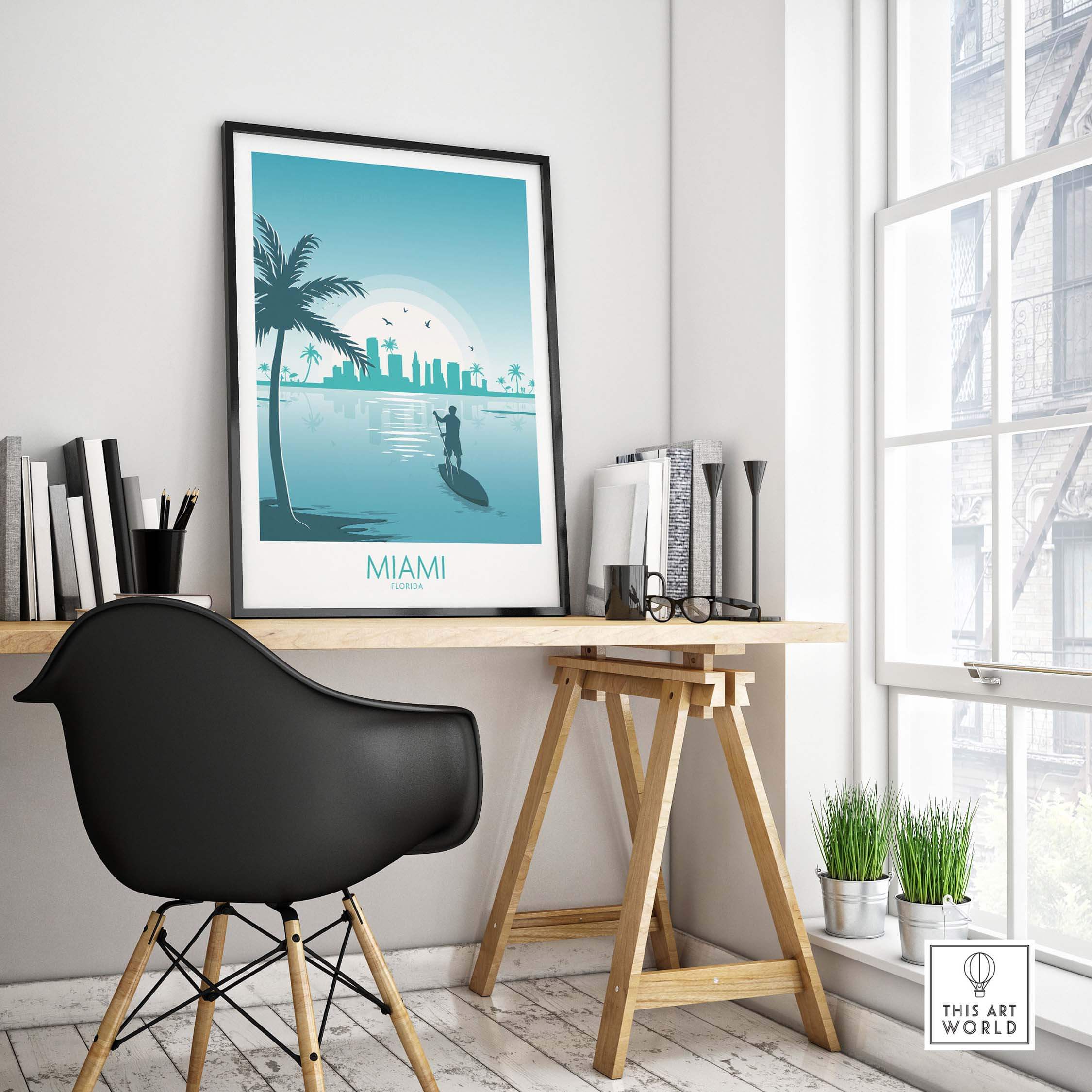 Miami Wall Art Print in a minimalist home office setting, featuring palm trees and a city skyline.