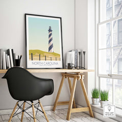 North Carolina wall art print featuring a lighthouse in a minimalist style, perfect for home or office decor.