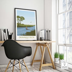 Minimalist Okavango Delta poster displayed in a stylish office setting, highlighting vintage travel art.