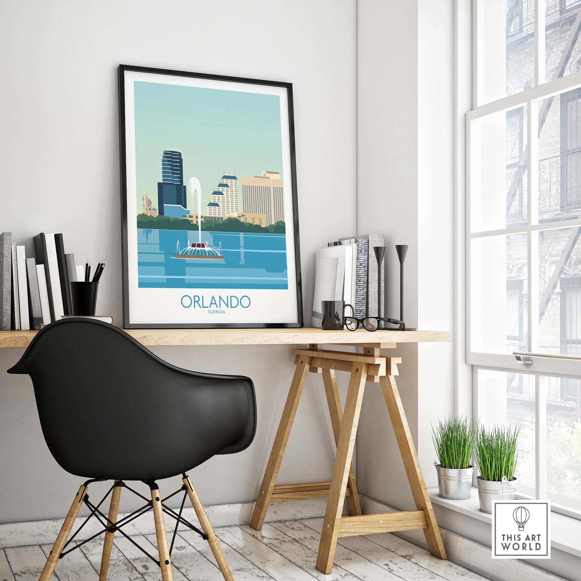 Orlando wall art print displayed in a modern office setting, featuring a minimalist design and vibrant colors.