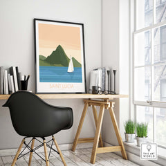 Saint Lucia Caribbean poster on a desk in a stylish room showcasing vintage travel art.