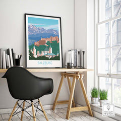 Salzburg wall art print featuring mountains and historic architecture, perfect for home or office decor.