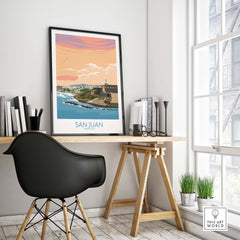 San Juan Puerto Rico print displayed in a stylish home office setting, showcasing vintage travel art.