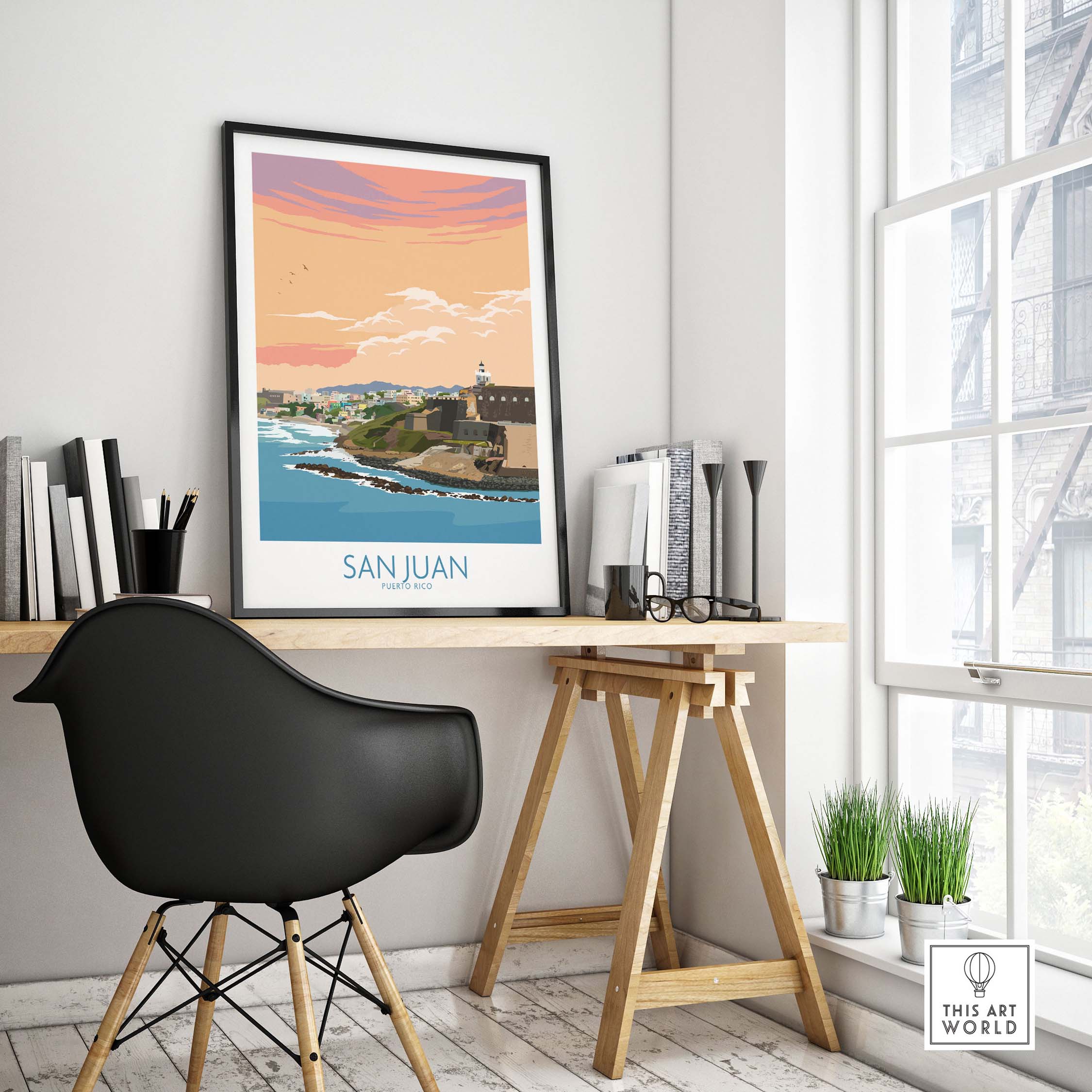 San Juan Puerto Rico print displayed in a stylish home office setting, showcasing vintage travel art.