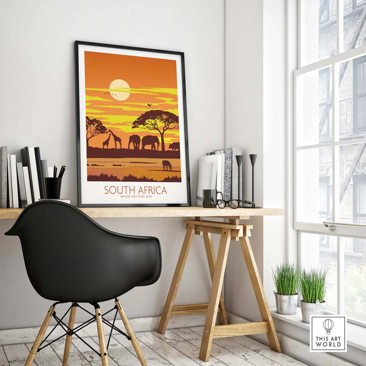Minimalist South Africa print featuring Kruger National Park, styled in a modern home office setting.