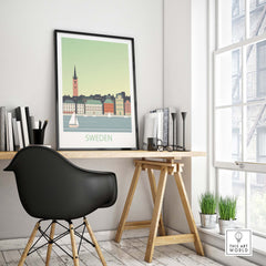 Sweden poster print in minimalist style displayed on a desk in a stylish home office setting.