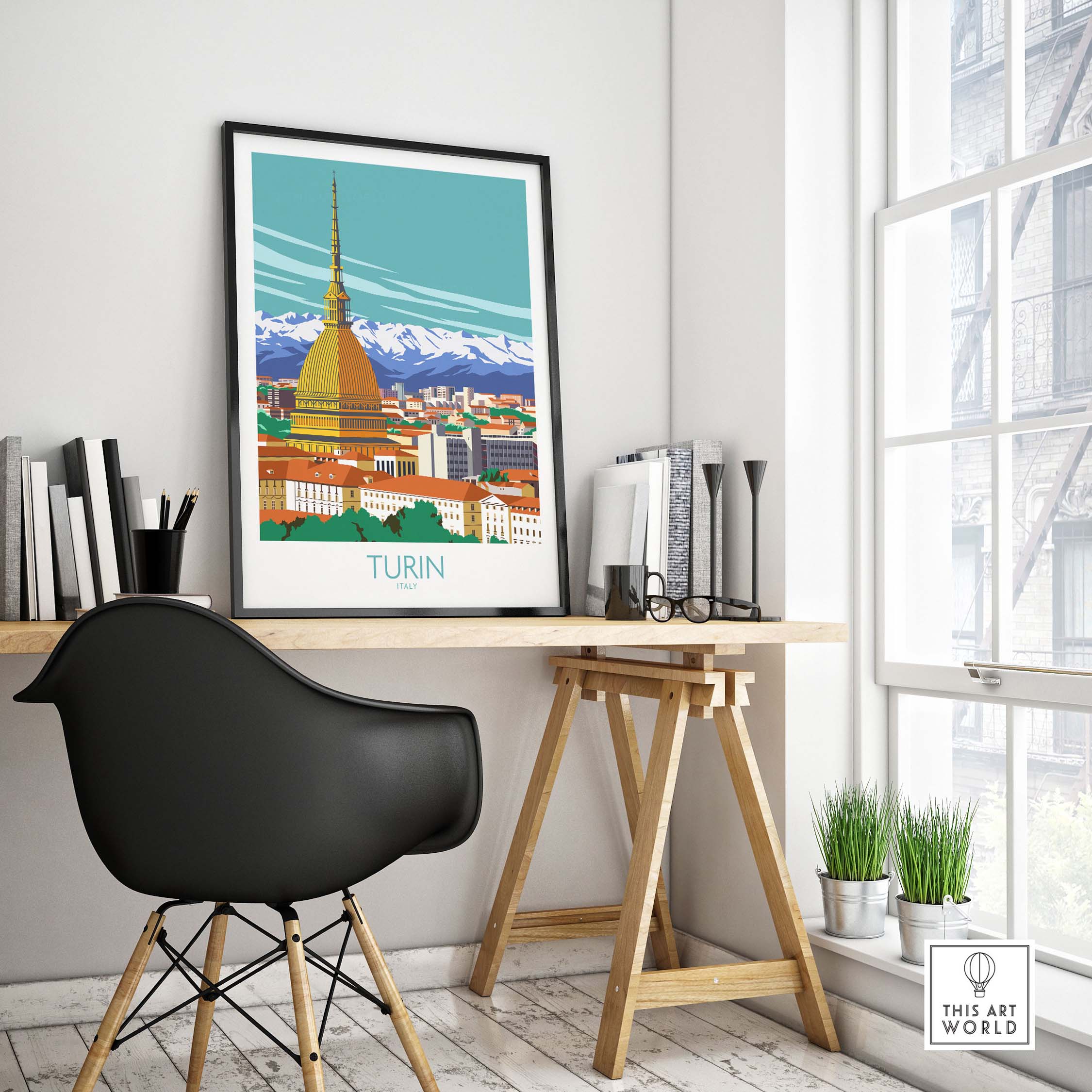 Turin wall art print showcasing the city skyline in a minimalist style, perfect for home or office decor.