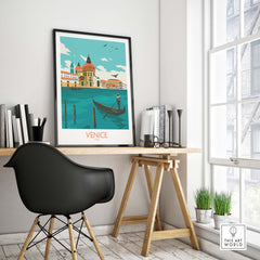 Venice Italy poster print displayed in a modern office setting, featuring a gondola on serene waters. Stylish travel art decor.