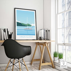 Minimalist Virgin Islands wall art print displayed in a stylish home office with a sailboat and mountains background.