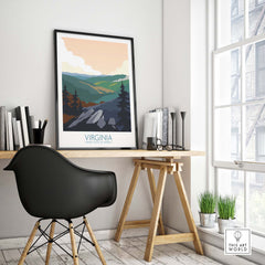 Virginia wall art print displayed in a stylish home office setting, featuring a minimalist vintage travel design.