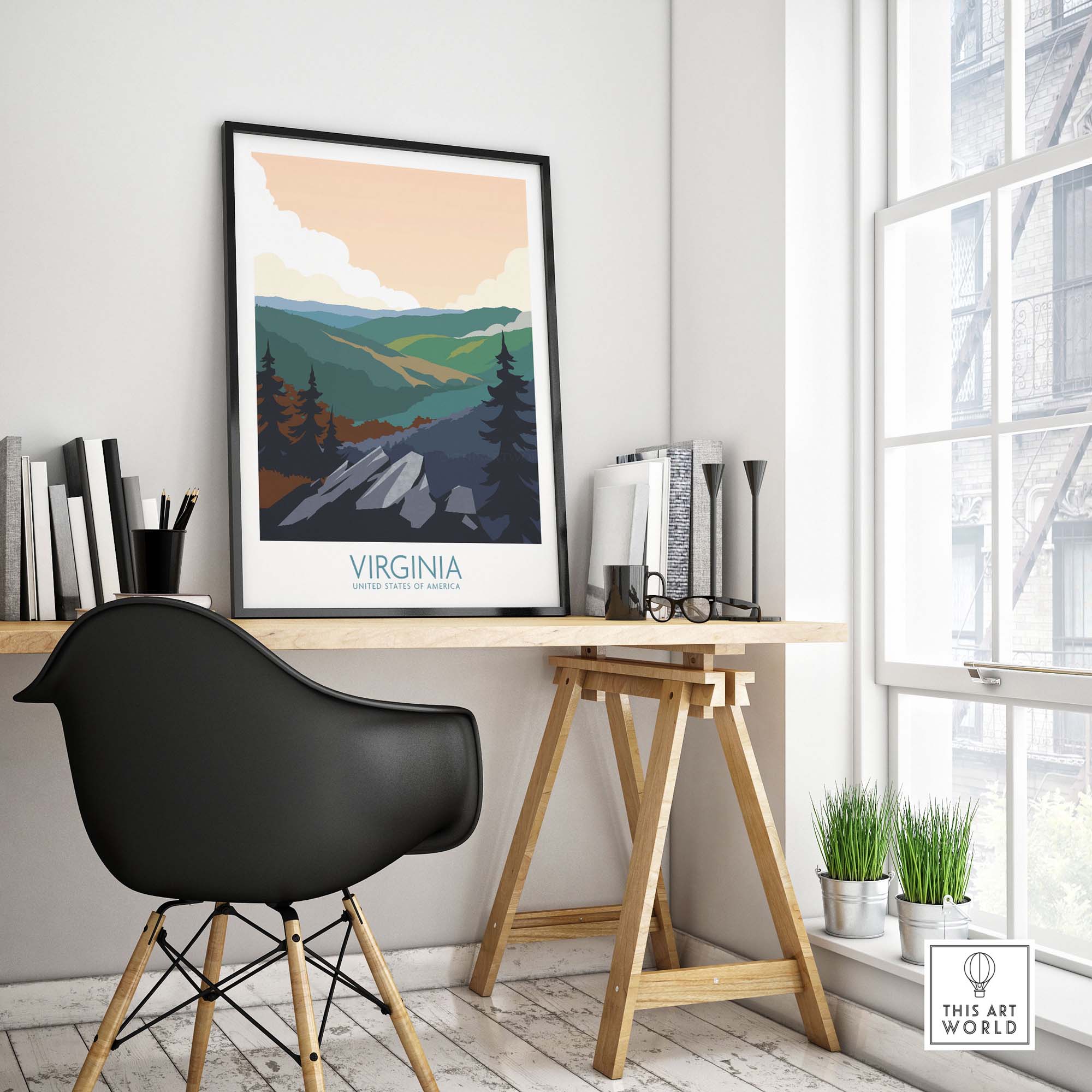 Virginia wall art print displayed in a stylish home office setting, featuring a minimalist vintage travel design.