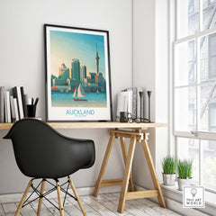 Stylish Auckland wall art print displayed in a modern office setting, featuring a minimalist cityscape design.