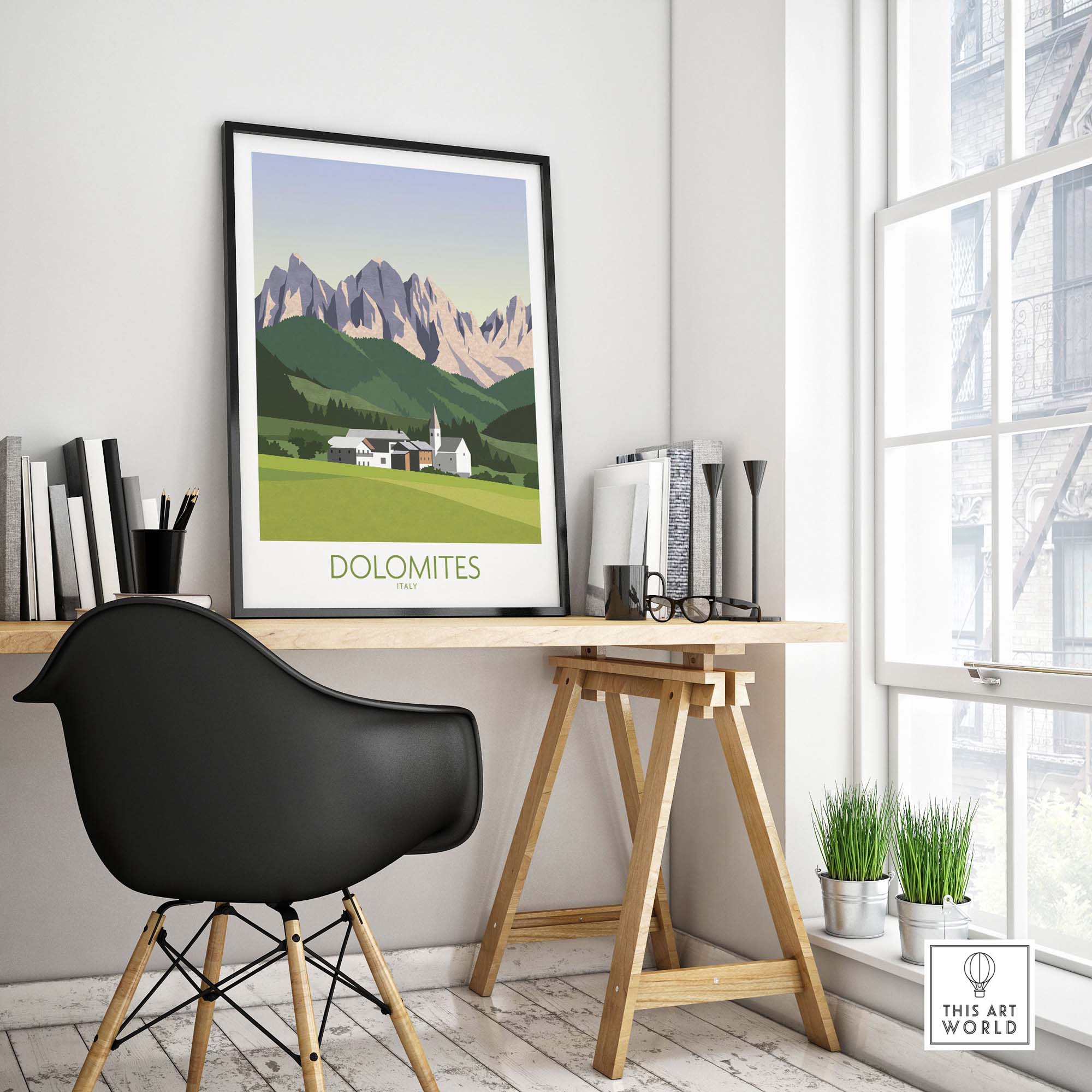 Dolomites wall art print displayed in a stylish home office with modern furniture and natural light.