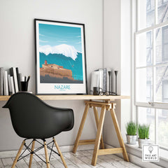 Nazare Wall Art Print in a stylish office setting, featuring a minimalist design inspired by vintage travel posters.
