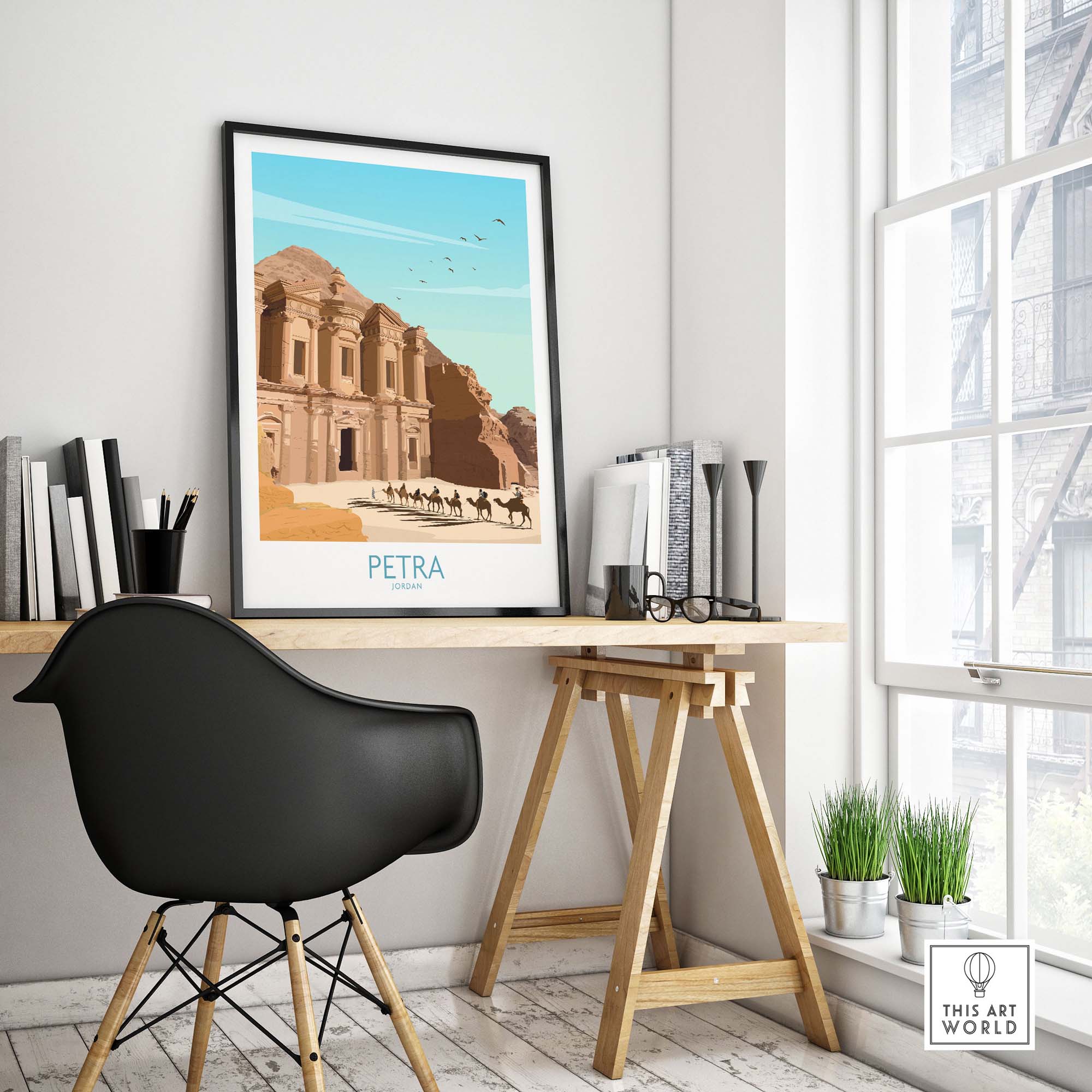Petra Wall Art Print displayed in a modern office setting, highlighting vintage travel aesthetics.