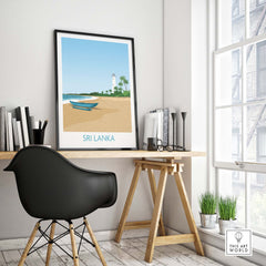 Sri Lanka Wall Art Print featuring a minimalist beach scene with a lighthouse, perfect for home or office decor.