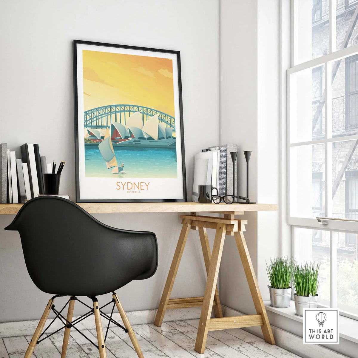 Stylish Sydney Print poster featuring the Sydney Harbour Bridge in a modern minimalist decor setting.