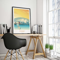 Stylish Sydney Print poster featuring the Sydney Harbour Bridge in a modern minimalist decor setting.