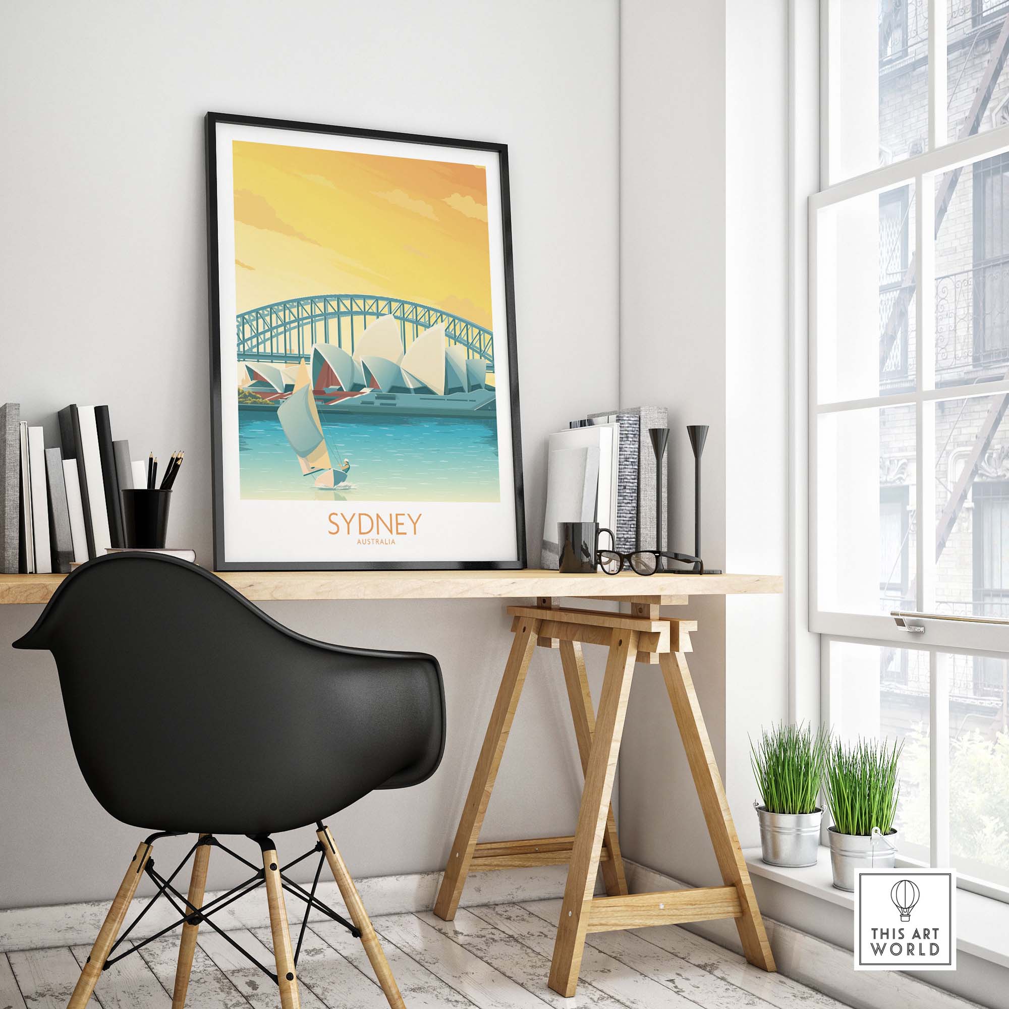 Stylish Sydney Print poster featuring the Sydney Harbour Bridge in a modern minimalist decor setting.