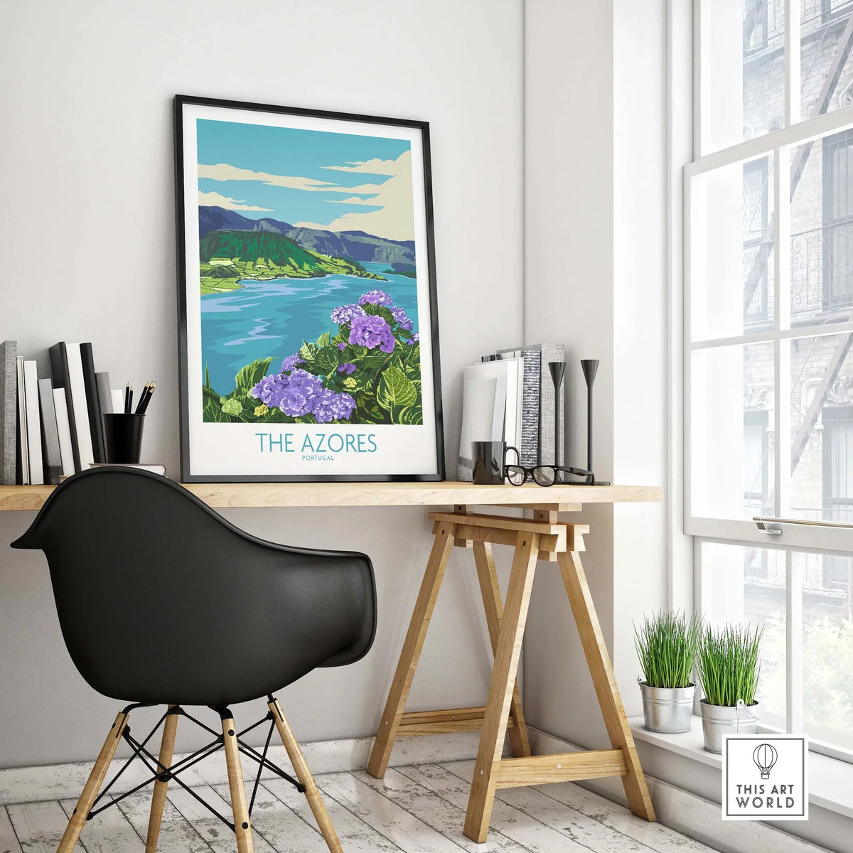 The Azores Wall Art Print displayed in a stylish office setting, framed with vibrant colors and a minimalist design.