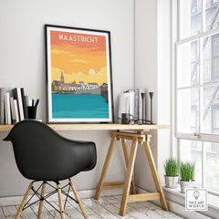 Maastricht Print travel poster in a modern office setting, showcasing vibrant colors and nostalgic design.