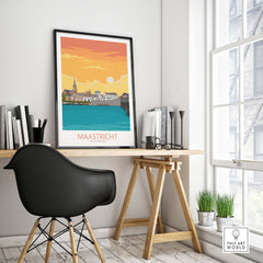 Maastricht travel poster displayed in a modern office, featuring vibrant colors and stylish design.