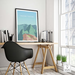 Machu Picchu Print Wall Art Poster displayed in a stylish workspace, showcasing vibrant colors and nostalgic travel inspiration.