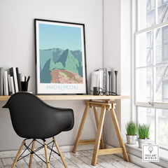 Stylish Machu Picchu print displayed in a modern home office setting with a chair and wooden desk.