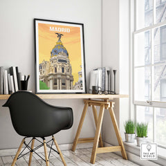 Vintage Madrid Print Poster Wall Art displayed in a modern office setting, featuring a stylish black chair and wooden desk.