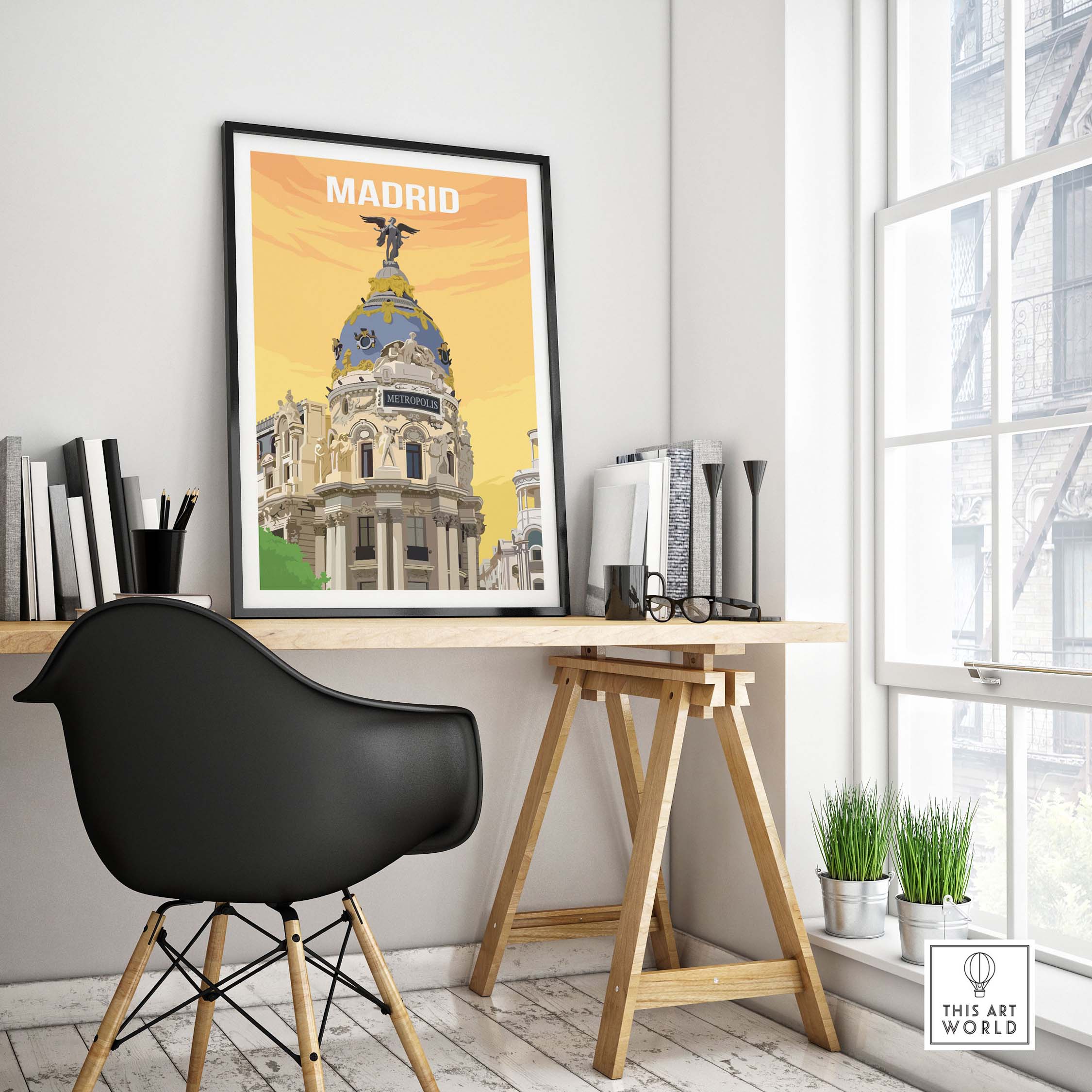 Vintage Madrid Print Poster Wall Art displayed in a modern office setting, featuring a stylish black chair and wooden desk.