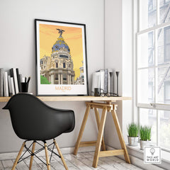 Madrid Print Spain Poster displayed on a stylish desk, capturing vintage travel art and wanderlust.
